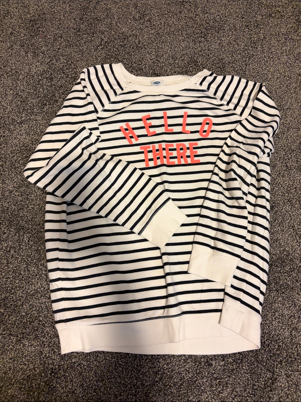 Old Navy Black & White Striped "Hello There" Sweatshirt with Coral Text
